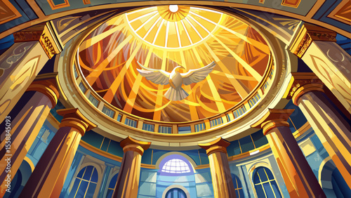 Close-up of the dome's interior, frescoes curving overhead with golden rays bursting from a central dove. The marble altar glows beneath low-angle sunlight entering through columns.

