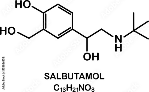 Chemical structure of salbutamol or albuterol. Relievers inhalers active molecule.