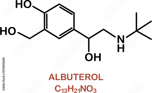 Chemical structure of salbutamol or albuterol. Relievers inhalers active molecule.