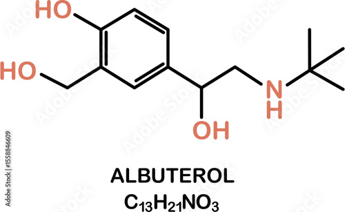 Chemical structure of salbutamol or albuterol. Relievers inhalers active molecule.