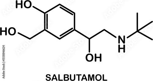 Chemical structure of salbutamol or albuterol. Relievers inhalers active molecule.