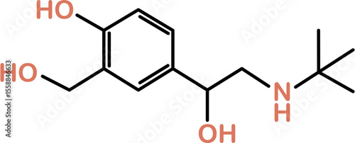 Chemical structure of salbutamol or albuterol. Relievers inhalers active molecule.
