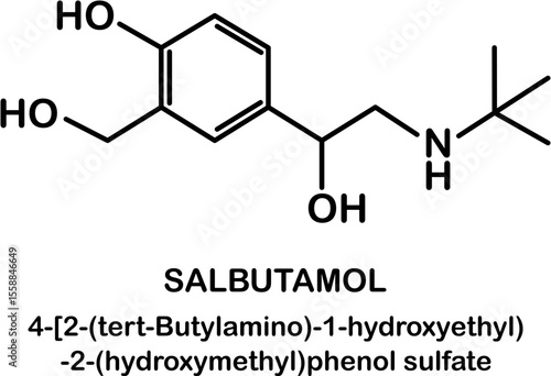 Chemical structure of salbutamol or albuterol. Relievers inhalers active molecule.