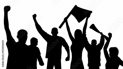 Silhouette of a group of people protesting with raised fists flag and megaphone in black and white style