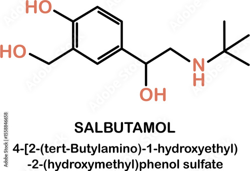 Chemical structure of salbutamol or albuterol. Relievers inhalers active molecule.