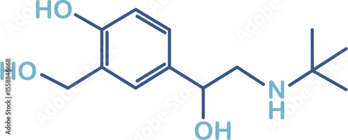 Chemical structure of salbutamol or albuterol. Relievers inhalers active molecule.
