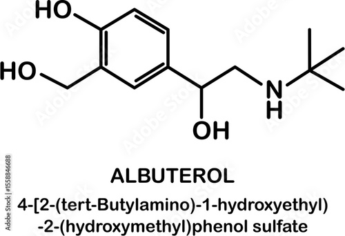 Chemical structure of salbutamol or albuterol. Relievers inhalers active molecule.