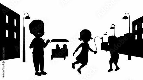 Silhouette illustration of children playing on a street with buildings and streetlights in the background