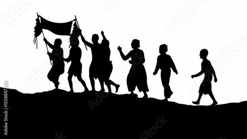 Silhouette of a group of people marching with a flag on a hill against a white background in black and white