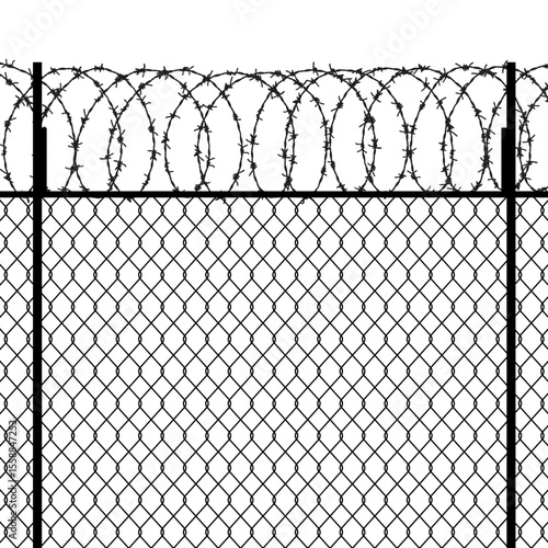 Prison wire metal chain fence security wall vector background. Steel prison wire fence razor barbwire section