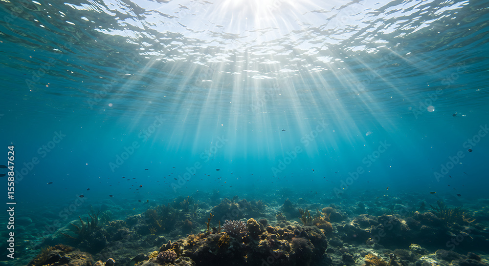 Fototapeta premium Sunlight Piercing Through Turquoise Underwater Coral Reef.