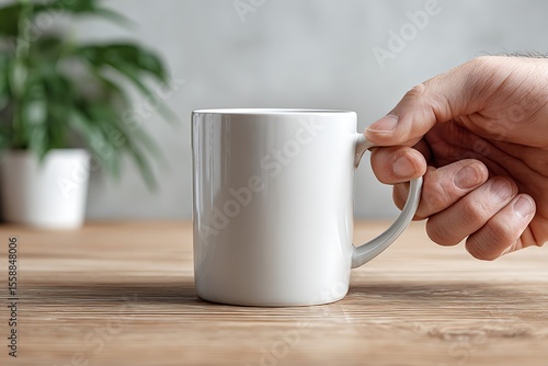 Man’s hand grabbing white mug on modern desk setting  

