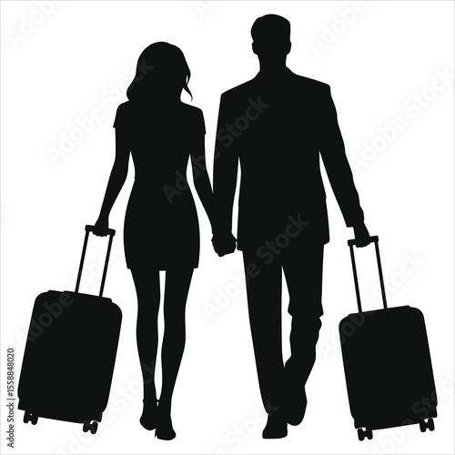 A couple holding hands walks with suitcases, isolated on white background