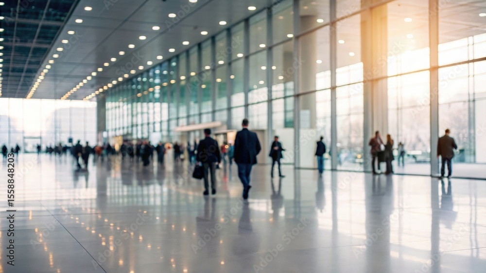 Fototapeta premium Defocused crowd walking through modern exhibition hall with soft bokeh lighting and copy space 