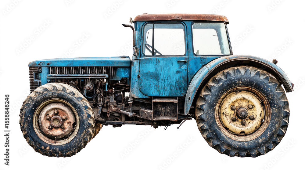 Fototapeta premium An old, blue tractor with large, muddy tires and a rusted cabin, parked on a white background with a white wall in the background.