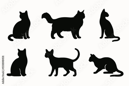 Vector set of six black cat silhouettes in various positions. Ideal for logo design, pet illustrations, Halloween decor, Cricut crafts, tattoos, and minimalist graphic projects.