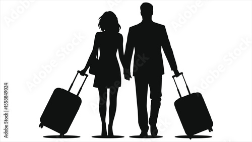 A couple holding hands walks away with suitcases, isolated on white background