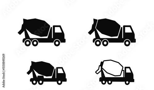 outline silhouette concrete mixer truck set isolated on white background
