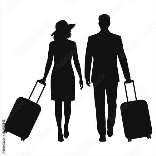 Silhouette of a couple traveling with luggage/A simple, elegant silhouette of a couple holding hands and walking, each carrying a suitcase.