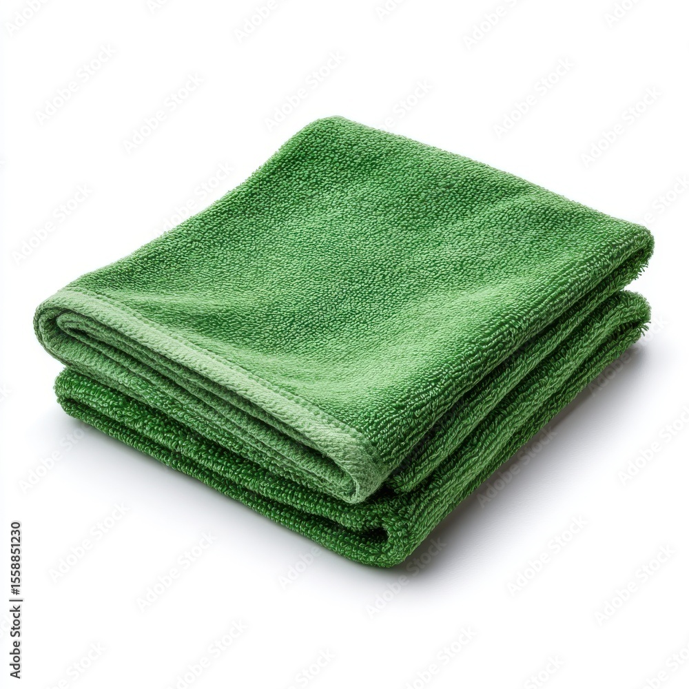 Stack of folded clean green microfiber towels isolated on a white background ready for cleaning Stack of folded clean green microfiber towels isolated on a white background ready for cleaning