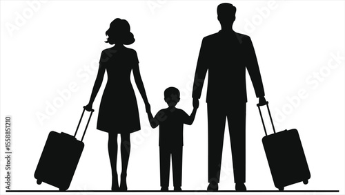 Silhouette of a family on vacation with luggage./A simple, impactful silhouette of a family (mother, father, and child) holding hands, each with a wheeled suitcase.