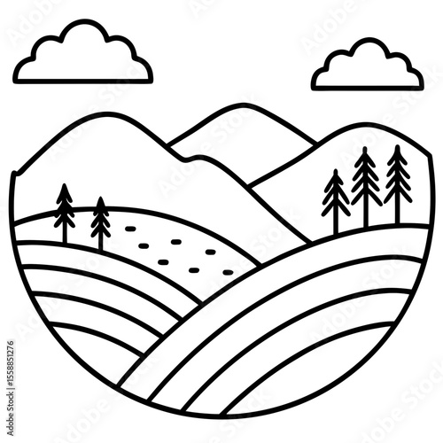 Flat illustration of rolling hills, mountains, trees, and clouds under a blue sky. Calm and scenic.