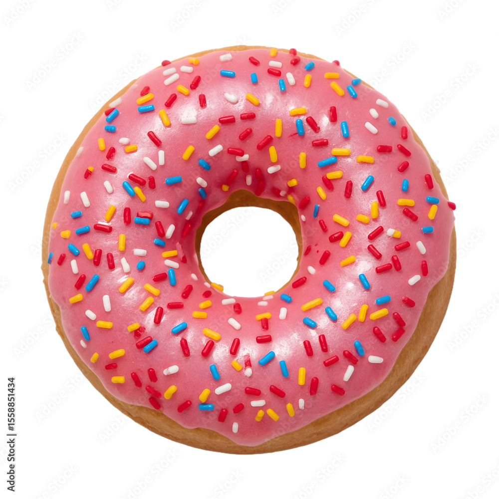 Delicious pink frosted donut with colorful sprinkles isolated on black background Delicious pink frosted donut with colorful sprinkles isolated on black background