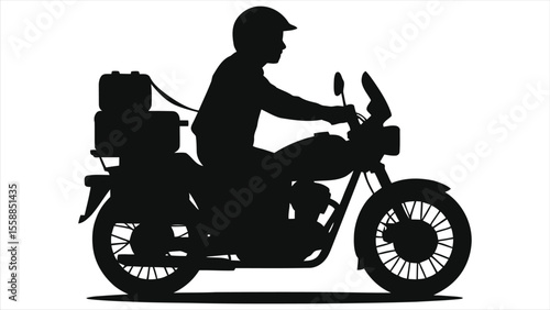 Silhouette of a motorcyclist with luggage./A simple, clean silhouette of a motorcyclist riding a motorbike with side luggage.