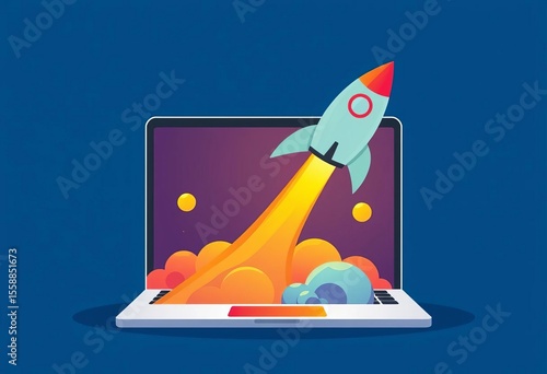 Flat design illustration of a rocket launching from a laptop screen, symbolizing a new website launch, landing page, website template