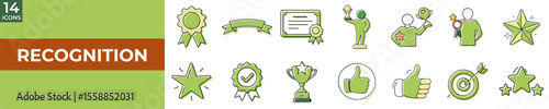 Recognition icons set in green style for achievements and awards  
