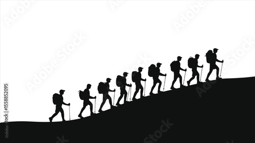 Silhouette of Hikers Climbing a Mountain/A powerful silhouette image of a group of hikers ascending a mountain.