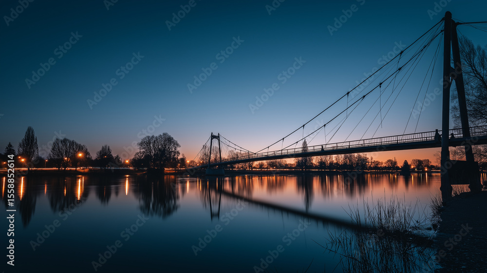 Obraz premium Suspension bridge in twilight, reflections on water, long exposure. Urban serenity meets timeless structure.