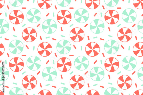 Seamless swirl candy pattern in peach orange and mint green with sprinkle dot accents on white background.