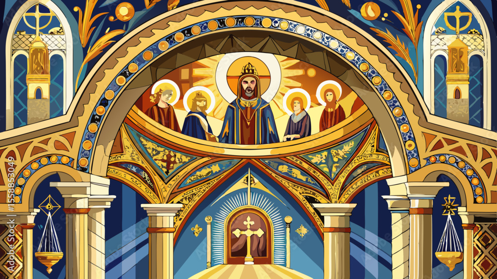 Obraz premium Detailed interior arch adorned with Byzantine mosaics—gold leaf backgrounds and holy figures. A shaft of light illuminates ancient script along the dome’s curve.