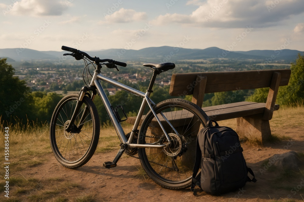 Naklejka premium Cyclist taking a break on a bench with their mountain bike and backpack, enjoying a beautiful view of the valley below