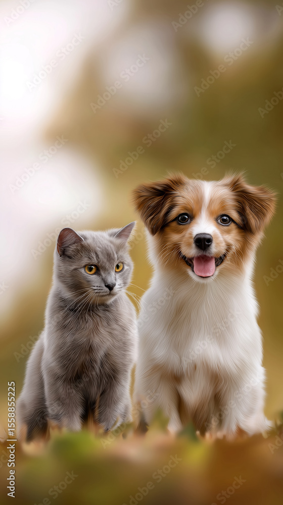 Obraz premium Dog looks happy next to cat in warm outdoor setting with blurred background. Colors create welcoming atmosphere for pet care businesses. Concept of veterinary clinic, animal services, pet supply