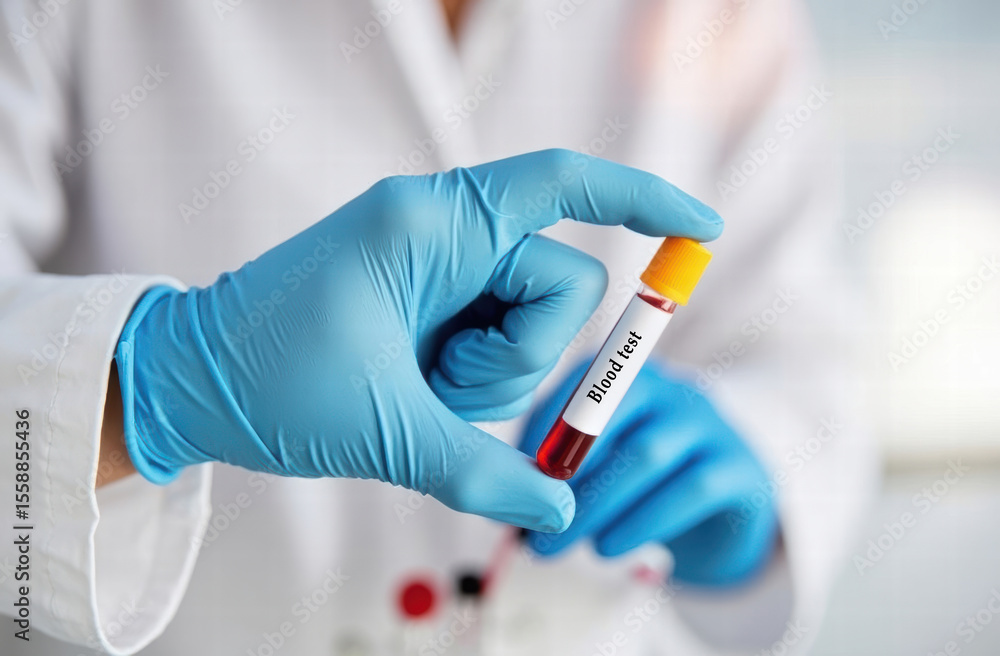 a gloved hand is prominently displaying a test tube filled with red liquid, signifying a blood sample for test or analysis a gloved hand is prominently displaying a test tube filled with red liquid, signifying a blood sample for test or analysis