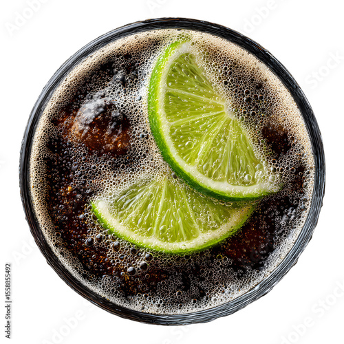 Refreshing Cola Cocktail with Lime: A Top-Down View of a Bubbling Beverage Delight