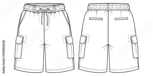 Technical flat sketch of cargo shorts with drawstring waist, side pockets, and back view, perfect for fashion design and apparel illustration