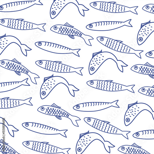 Seamless pattern with hand drawn sardine. Mediterranean vintage background. Nautical food print. Marine coastal wallpaper for wrapping paper, fabric and decor.