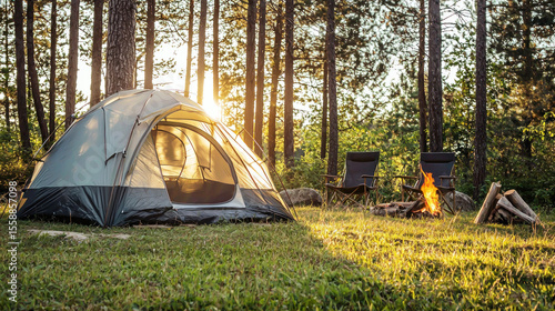 A tent pitched in a forest with a campfire burning in the foreground.