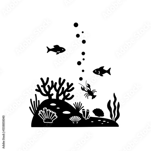Underwater scene with fish coral and other creatures silhouette