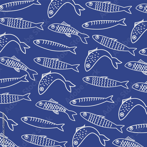 Seamless pattern with hand drawn sardine. Mediterranean vintage background. Nautical food print. Marine coastal wallpaper for wrapping paper, fabric and decor.