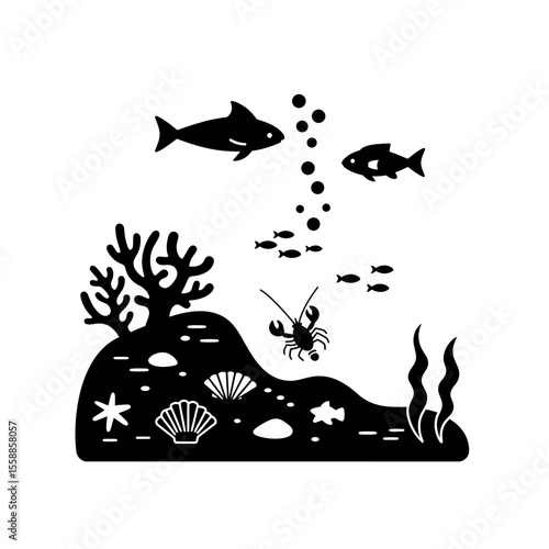 Underwater scene with fish coral and sea creatures silhouette