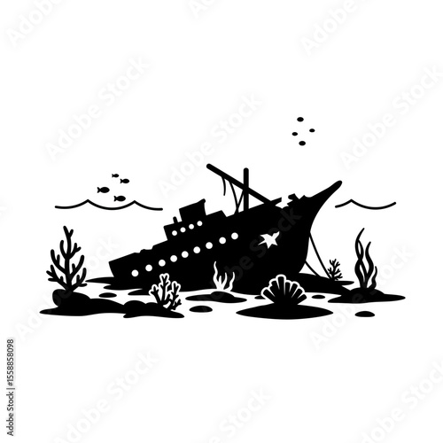 Silhouette of a shipwreck with marine life around it