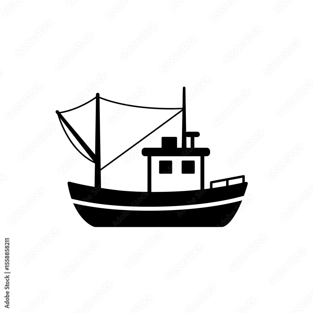 Simple black silhouette of a fishing boat at sea Simple black silhouette of a fishing boat at sea