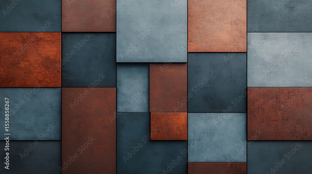 Abstract geometric pattern of overlapping rectangular metal plates in blue and rust tones with textured surfaces. Abstract geometric pattern of overlapping rectangular metal plates in blue and rust tones with textured surfaces.
