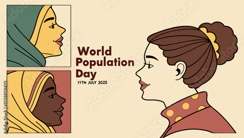 World population day illustration featuring diverse women in headscarves and modern hairstyle