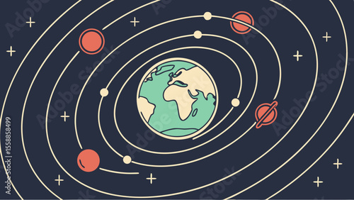 Stylized illustration of earth surrounded by planets in orbit against a dark background