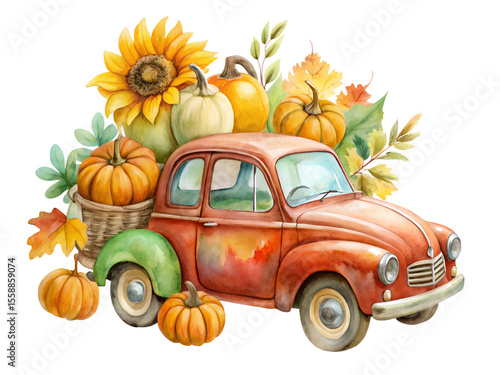 Rustic Red Vintage Car Loaded with Pumpkins Sunflowers and Autumn Leaves on Transparent Background, Watercolor Clipart Illustration With Isolated Background..